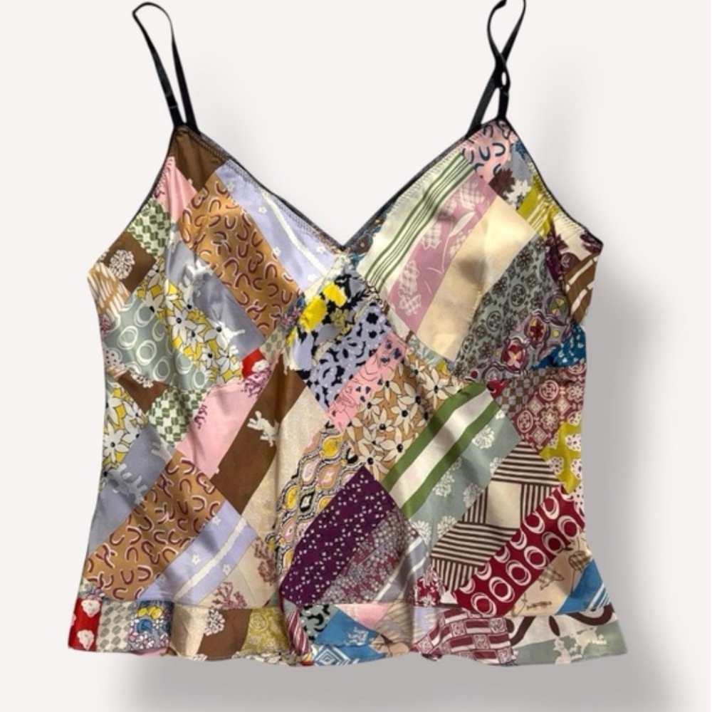 Nine West 100% Silk Camisole Strappy Tank Top Multicolor Patchwork Pattern
